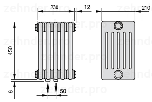 Схема (чертеж) Радиатор Zehnder Charleston 6045/5 №3470 Белый глянцевый RAL 9016